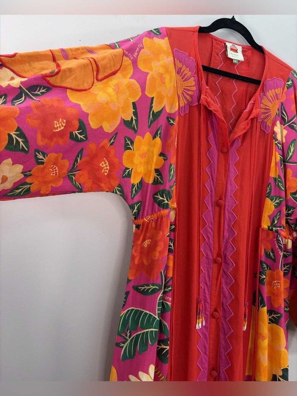 FARM RIO RED/PINK FLORAL L/S BOHO SUNSET PATCHWORK MAXI DRESS SIZE XL - Picture 3 of 5